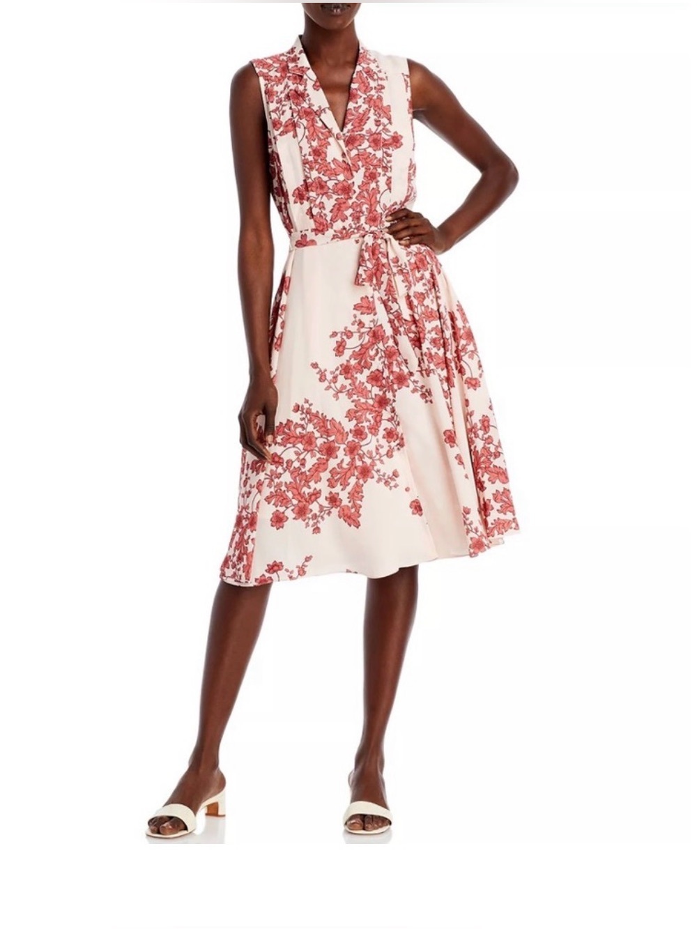 Nanette Lepore Midi Cream & Pink Floral Dress Button Front Size 6 Womens